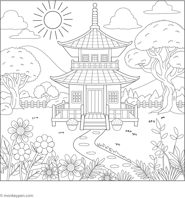 Japanese Pagoda Coloring Page | Free Coloring Pages