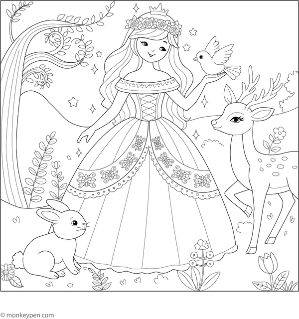 Princess and Animal Friends Coloring Page