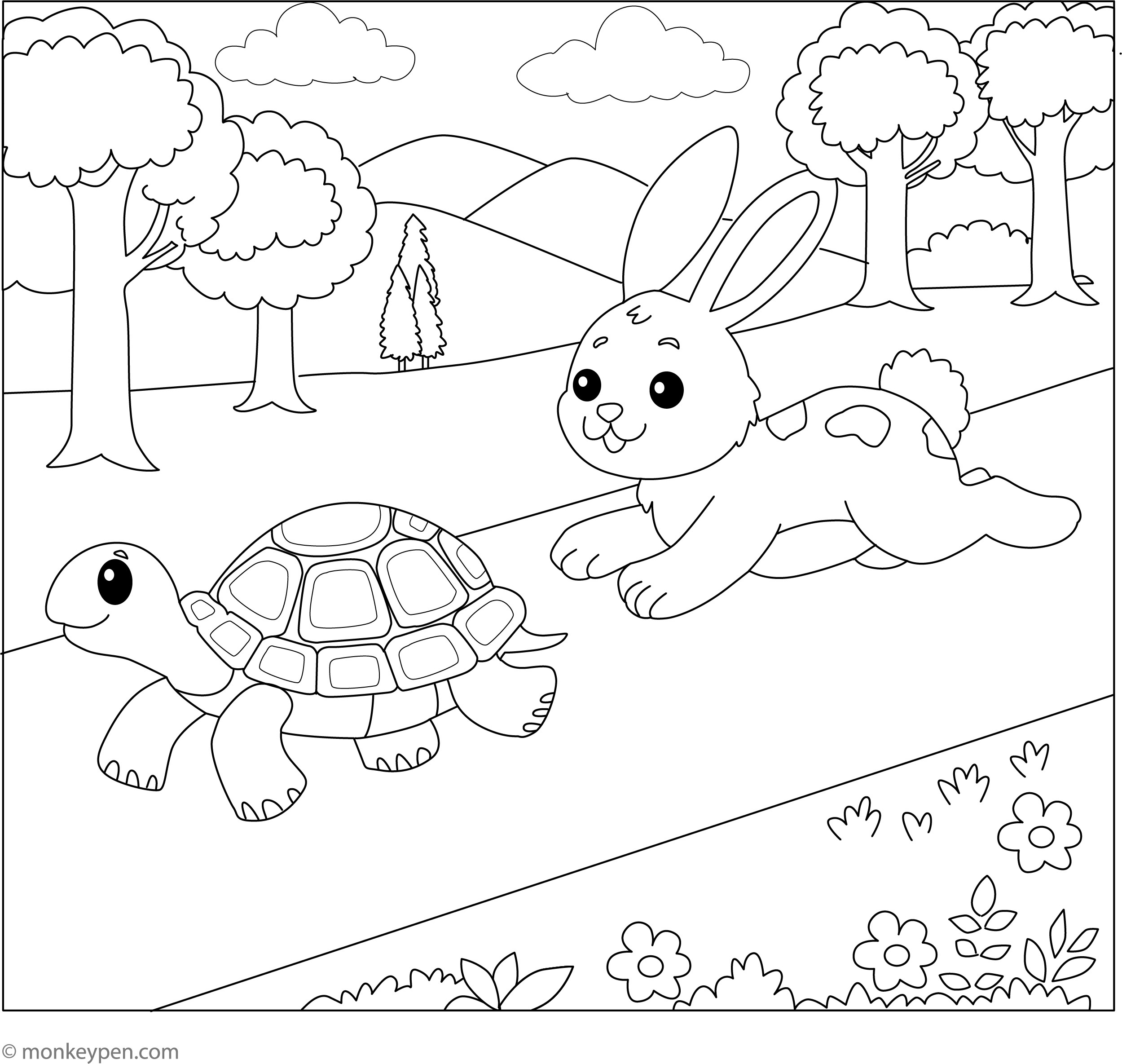 Rabbit And Tortoise Race Coloring Page