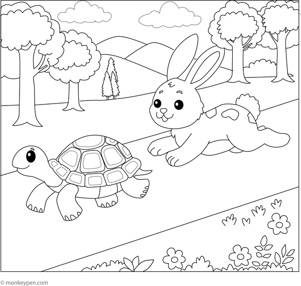 Rabbit and Tortoise Race Coloring Page