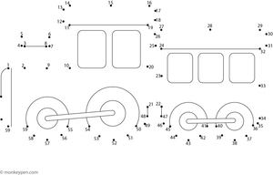 Free Printable educational dot-to-dot worksheet illustrating a cartoon train engine with wheels for children to connect and color.