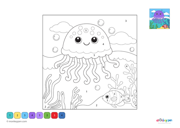 A delicate jellyfish floating through an ocean scene is featured in this free downloadable color-by-number PDF, helping young children practice number recognition while exploring marine life through creative coloring.