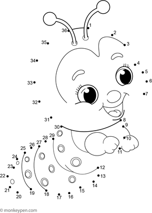 Educational dot-to-dot worksheet of a cartoon caterpillar for children to connect and color.