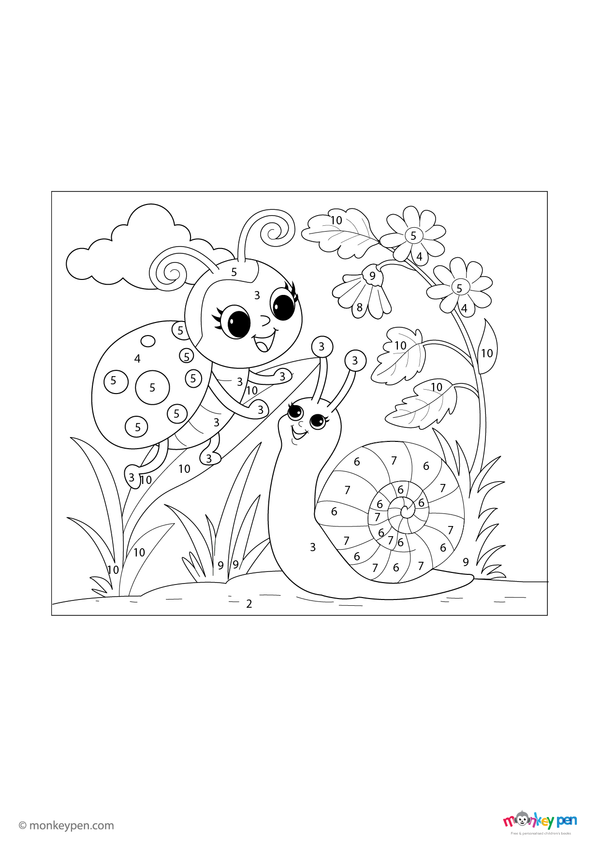 A cheerful ladybug and a friendly snail on a leafy garden path are featured in this free downloadable color-by-number PDF, helping kids practice number recognition while exploring nature through coloring.