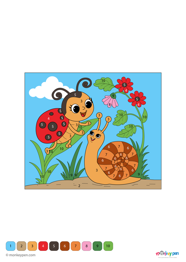 A cheerful ladybug and a friendly snail on a leafy garden path are featured in this free downloadable color-by-number PDF, helping kids practice number recognition while exploring nature through coloring.