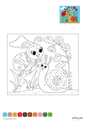 A cheerful ladybug and a friendly snail on a leafy garden path are featured in this free downloadable color-by-number PDF, helping kids practice number recognition while exploring nature through coloring.