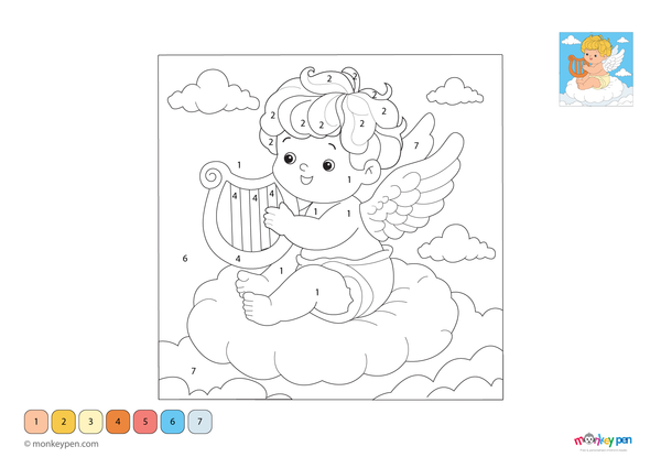 A gentle cherub with delicate wings floats in a soft sky in this free downloadable color-by-number PDF, perfect for preschoolers to enjoy a peaceful, number-based coloring activity.









