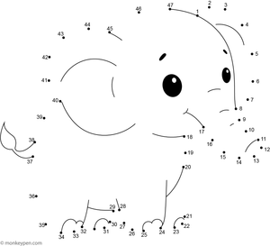 Printable dot-to-dot worksheet of a cartoon elephant with large ears for children to connect and color.