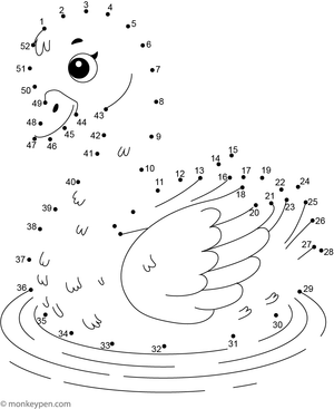 Printable dot-to-dot worksheet of a graceful cartoon swan with a curved neck for children to connect and color.