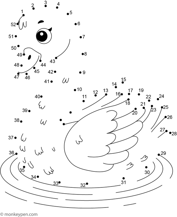 Printable dot-to-dot worksheet of a graceful cartoon swan with a curved neck for children to connect and color.