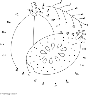 Printable dot-to-dot worksheet of a cartoon guava with leaves for children to connect and color.