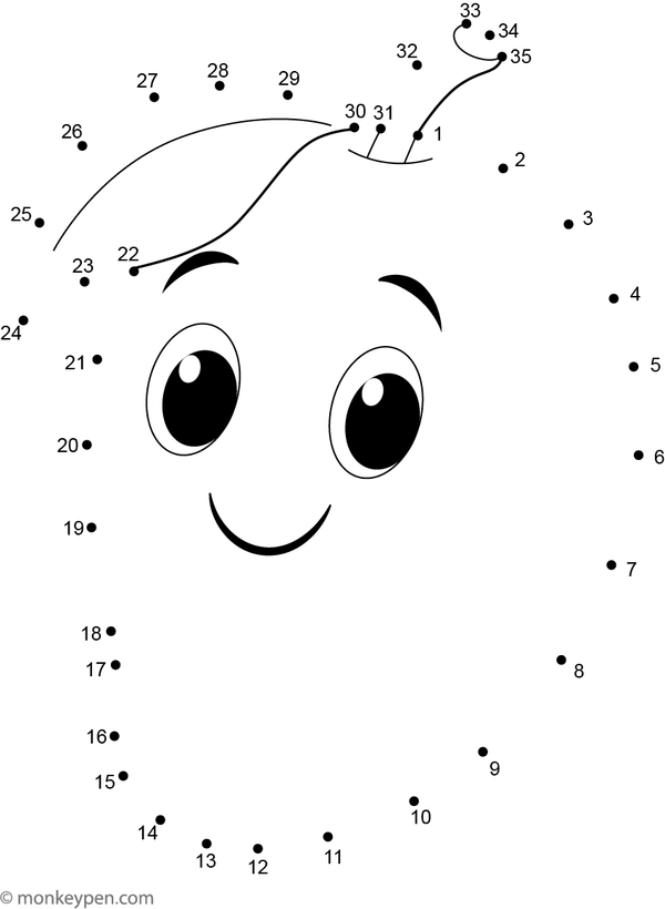 Printable dot-to-dot worksheet of a cartoon mango for children to connect and color.
