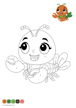 Downloadable baby lobster color-by-number worksheet featuring bright claws, a curved shell, and expressive eyes—an engaging ocean-themed printable that helps kids practice numbers through creative coloring.