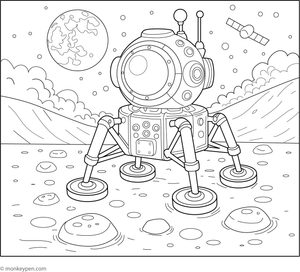 An ornate colouring page depicting a lunar lander descending onto the moon’s surface, surrounded by craters and stars, designed for young learners.