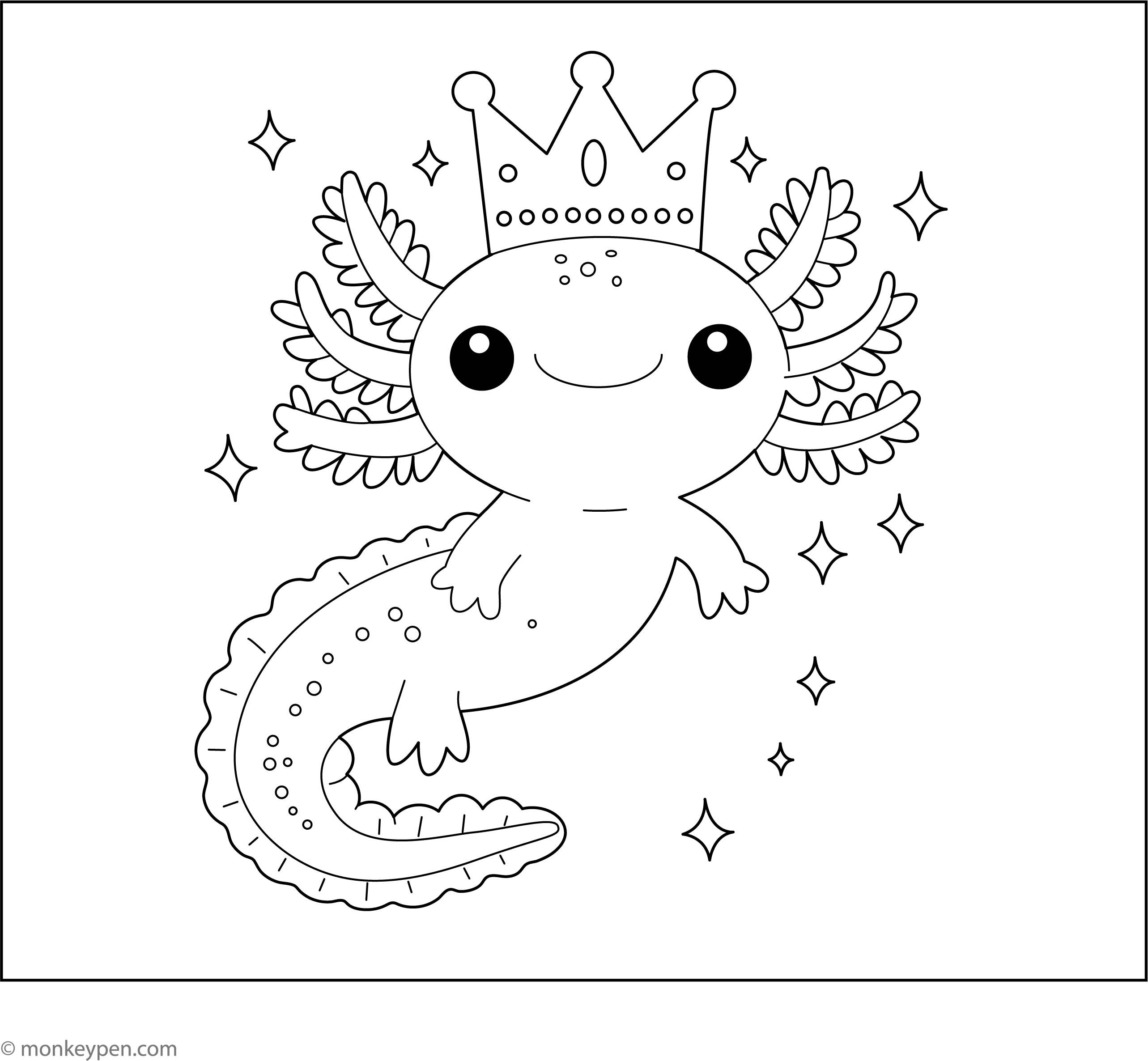 Cartoon axolotl coloring sheet with big eyes, fluffy gills, and short legs for easy coloring fun.
