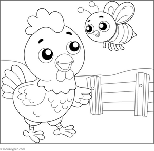 Chicken and Bee Coloring Page 