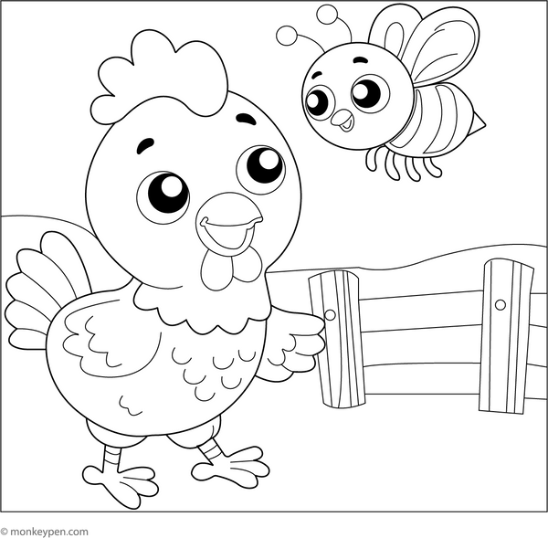Chicken and Bee Coloring Page 