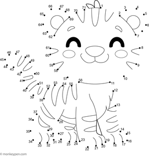 Free printable dot-to-dot worksheet of a cartoon tiger with stripes for children to connect and color.