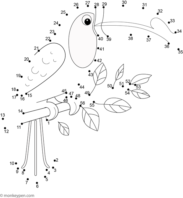 Printable dot-to-dot worksheet of a cartoon toucan with a large beak for children to connect and color.