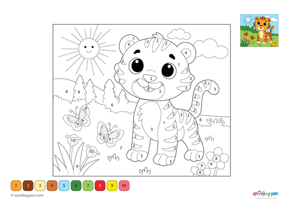 A powerful tiger surrounded by jungle plants is featured in this free downloadable color-by-number PDF, perfect for helping kids learn numbers while exploring wildlife through coloring.