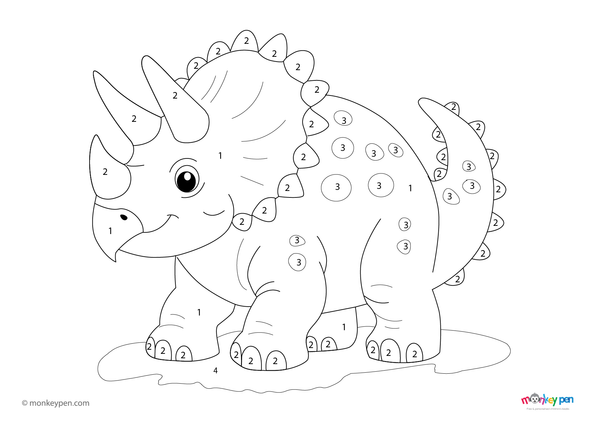 A friendly Triceratops dinosaur set in a prehistoric landscape stars in this free downloadable color-by-number PDF, designed to help children practice numbers while enjoying a dino-themed coloring activity.
