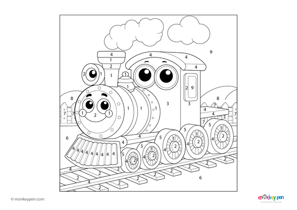 A classic train on tracks illustrated in this fun color-by-number PDF, free to download and ideal for helping preschoolers practice number recognition through coloring.