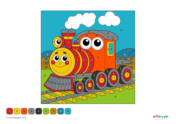 A classic train on tracks illustrated in this fun color-by-number PDF, free to download and ideal for helping preschoolers practice number recognition through coloring.