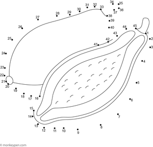 Child-friendly dot-to-dot activity illustrating a cartoon papaya with seeds and leaves to connect and color.