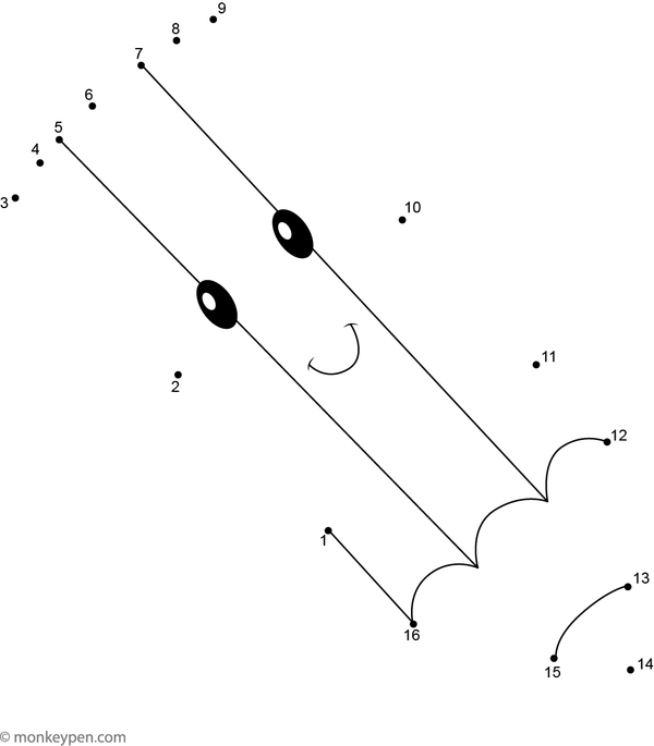 Child-friendly dot-to-dot worksheet showing a cartoon pencil with eraser, ready to be connected and colored.