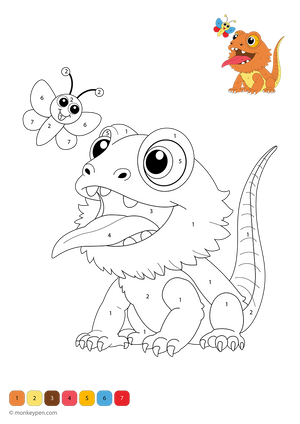 A fun, free download of a bearded dragon color-by-number page featuring numbered sections on the lizard’s spiky tail, scales, and a fluttering butterfly—perfect for kids exploring numbers through art.