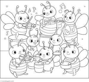 Bees Playing Music Coloring Page – fun and educational printable for children