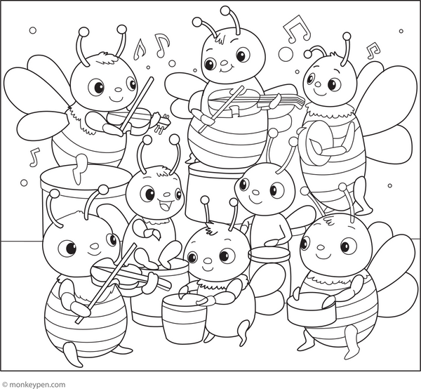 Bees Playing Music Coloring Page – fun and educational printable for children
