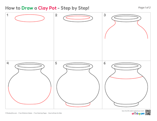Simple earthen pot sketch for kids to practice drawing.
