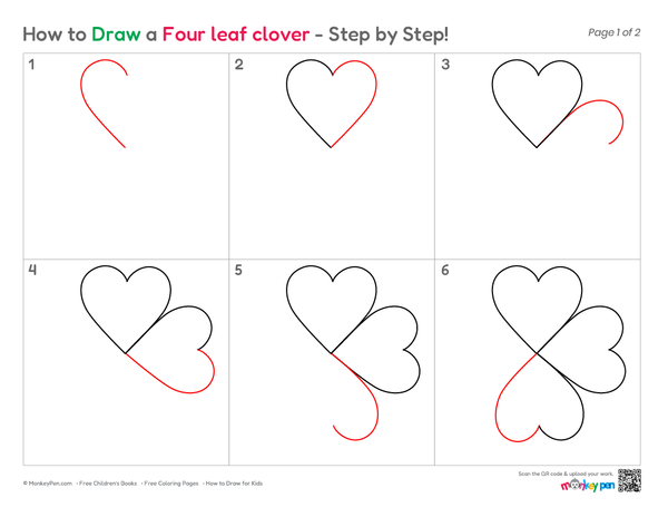 Basic four-leaf clover drawing showing a curved stem and leaf shapes.