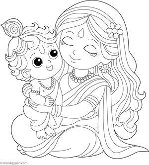Krishna and Yasodha Coloring Page