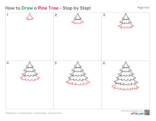 Pine tree sketch guide with branch and foliage details.