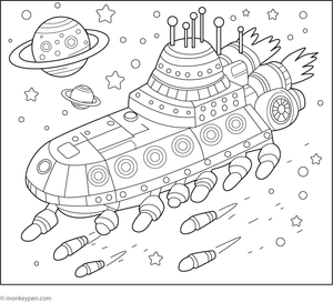 An elegant colouring page featuring a large star destroyer spaceship amidst a space backdrop, suited for children interested in futuristic adventure scenes.