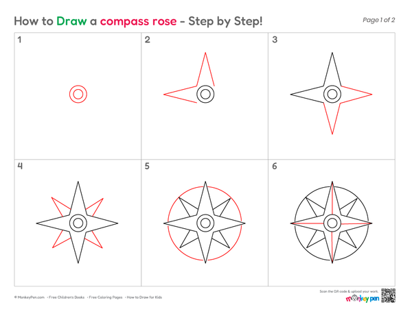 Compass rose outline drawing for kids with clean and clear lines.
