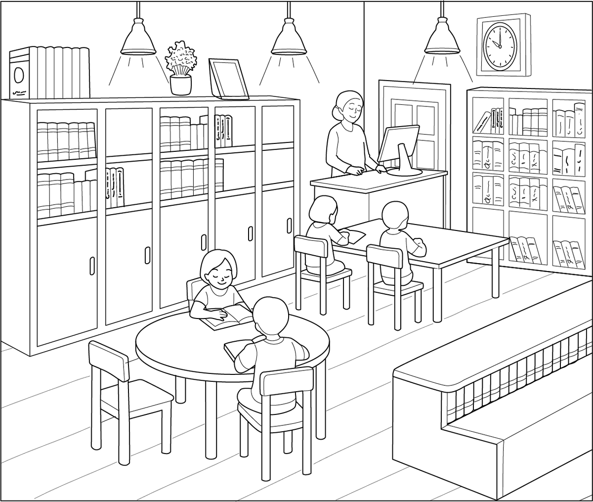 Library Coloring Page – Free Printable PDF for Kids