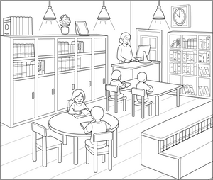 Library coloring page – educational printable for children