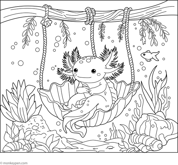 Axolotl in Seashell Swing Coloring Page – fun and educational printable for children