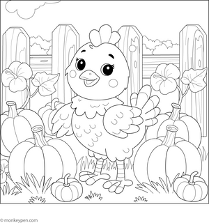Chicken in a Pumpkin Patch Coloring Page