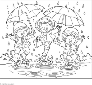 Kids Playing In Rain Coloring Page