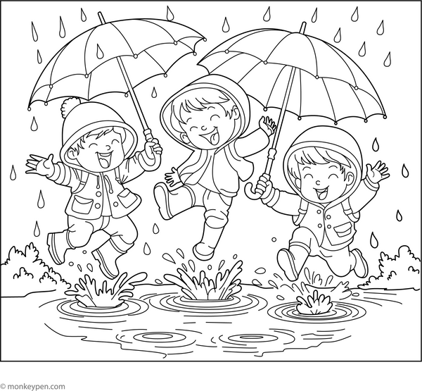 Kids Playing In Rain Coloring Page