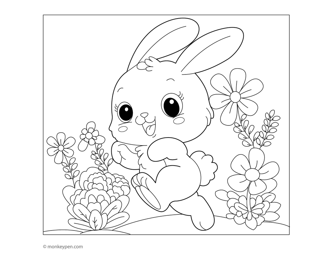 Rabbit In Flower Garden Coloring Page