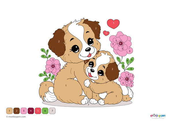Downloadable color-by-number worksheet of cute puppies for preschoolers to color fur, paws, and background.

