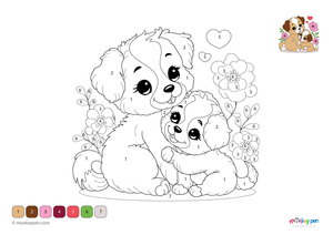 Downloadable color-by-number worksheet of cute puppies for preschoolers to color fur, paws, and background.
