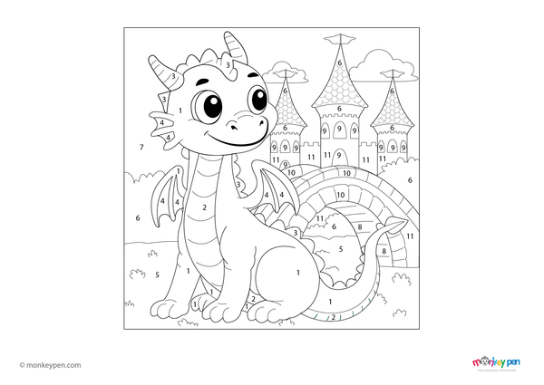 Downloadable color-by-number worksheet of a dragon guarding a medieval bridge, with numbered areas for wings, scales, and stonework.
