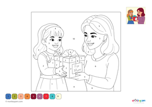 Downloadable color-by-number worksheet of a girl giving a gift to her mother, with numbered areas for outfits, gift, and background.