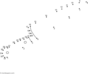 Child-friendly dot-to-dot worksheet featuring a cartoon kitchen knife with handle, for connecting and coloring.
